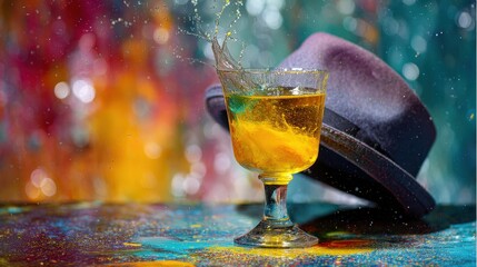Vibrant cocktail splashing from a stemmed glass next to a hat on a colorful party background