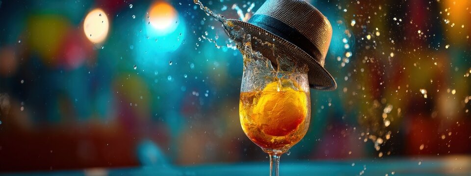 Vibrant cocktail splashing from a stemmed glass next to a hat on a colorful party background