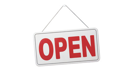 Welcome customers with a clear red and white OPEN sign, signaling readiness for business and inviting engagement with your brand isolated on white or transparent png.