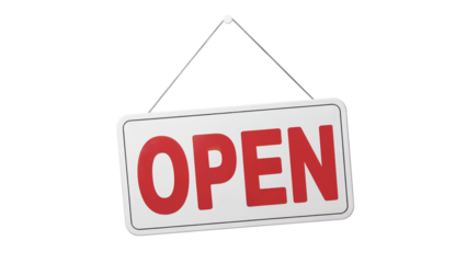 Welcome customers with a clear red and white OPEN sign, signaling readiness for business and inviting engagement with your brand isolated on white or transparent png.
