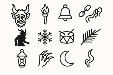 Krampus Icons Collection. Krampus Central European Customs outline icon set: horned mask, torch flame, bell, chain, Krampus silhouette, snowflake, drum, pine branch, lantern, claw,