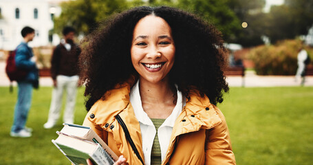 Happy woman, portrait and student with books in park for knowledge, education or learning. Female person, scholar or academic learner with smile for college scholarship or school tuition on campus