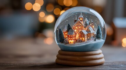 Naklejka premium Snow globe with a warmly lit Christmas village nestled on a wooden table with bokeh