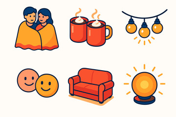 Family Cozy Icons. Family Coziness modern flat icon set: shared blanket, cocoa mugs, string lights, couch, smiling faces, warm glow.