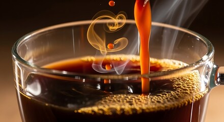 Pouring Hot Coffee into a Glass Cup with Steam.