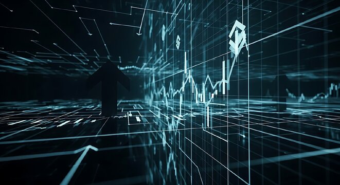 Digital financial market data visualization with stock chart trending upwards and global network grid overlay for financial technology and investment analysis concepts