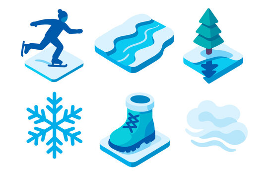 Winter Isometric Icons. Snowbound Calm modern flat icon set: skater silhouette, frozen stream, pine reflection, ice crystal, winter boot, light haze.