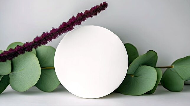 A minimalist arrangement featuring a smooth white circular object, lush green eucalyptus leaves, and a delicate purple amaranth flower against a neutral backgro