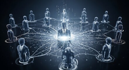 Abstract digital network of business people connected by glowing lines, representing a concept of global connection and leadership