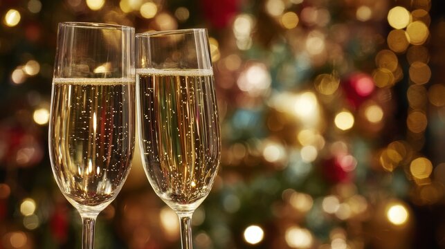 Two champagne flutes filled with sparkling wine against a background of festive bokeh lights