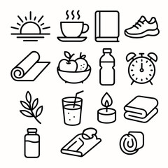 New Year Morning Icons. New Year Morning Vitality outline icon set: rising sun, cup of tea, notebook, sneakers, yoga mat, fruit bowl, water bottle, clock, leafy sprig, smoothie
