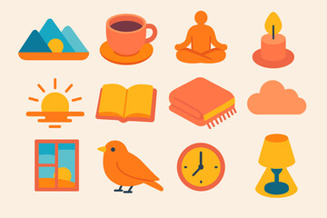 Serene Morning Icons. Peaceful Sunrise modern flat icon set: mountain view, tea cup, meditation figure, rising sun, book, blanket, candle, window scene, bird, gentle cloud, clock,