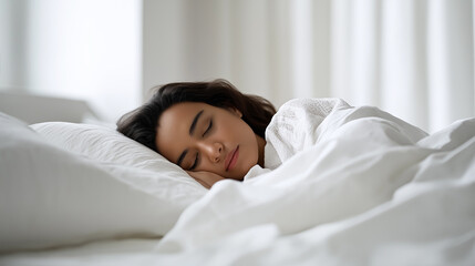 Young woman sleeping peacefully in bright white bedroom with morning sunlight.