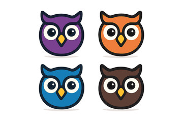 Four textured cartoon owl head icons in vibrant colors