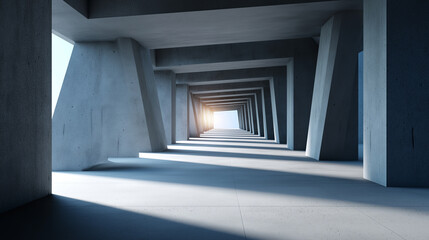 Obraz premium Futuristic concrete corridor with geometric architecture and sunlight at the end. 
