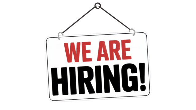 Bold 'We Are Hiring!' sign announces exciting career opportunities for ambitious professionals ready to join dynamic teams and grow isolated on white or transparent png.