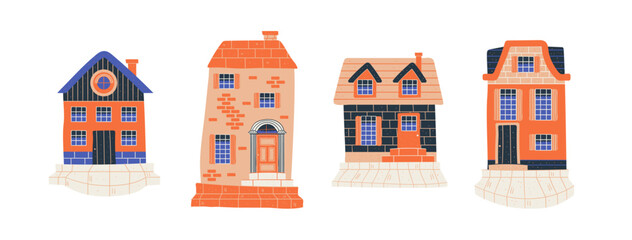 Naklejka premium Doodle set of tiny houses on scandinavian street.