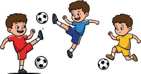 Cartoon boys playing soccer, sports activity, football action, childhood fun, athletic movement, colorful outfits, teamwork, outdoor game, stock image, illustration