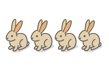 Four adorable cartoon rabbits sitting in a row on white background