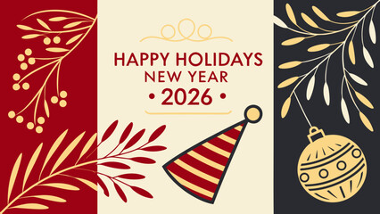 Christmas greetings card with Christmas tree , balloon's  Festive Happy Holidays and New Year 2026 Celebration Vector –.Modern Seasonal Greeting Design in black red background