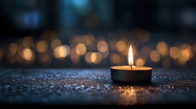 Candle Flame Glows Softly Amid Bokeh Lights in a Quiet, Serene Setting at Night - Powered by Adobe