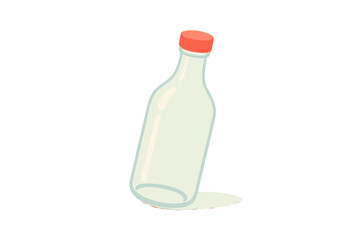 Empty clear glass bottle with red screw cap tilted slightly