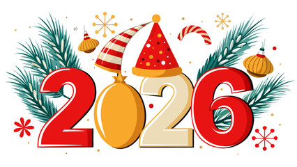 Christmas greetings card with Christmas tree , balloon's  Festive Happy Holidays and New Year 2026 Celebration Vector –.Modern Seasonal Greeting Design in white background