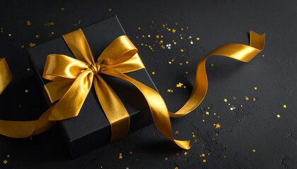Elegant Black Gift Box with Golden Ribbon and Confetti.