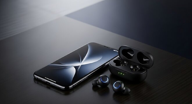 Modern technology, a sleek smartphone and wireless earbuds, representing connectivity and personal audio experience in a contemporary setting
