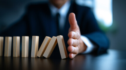 Hand stopping falling wooden domino pieces on table symbolizing control and prevention.  
