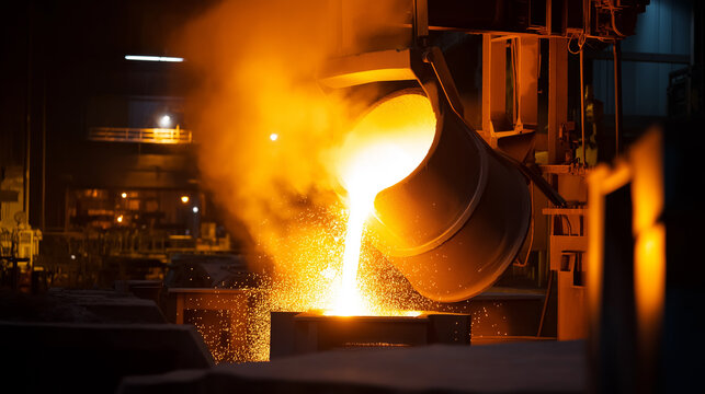 Molten metal pouring from furnace in industrial steel foundry with sparks flying.  
