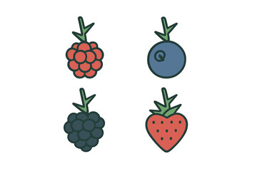Four stylized icons of common berries: raspberry, blueberry, blackberry, and strawberry
