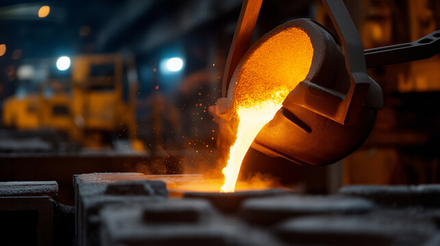Molten metal pouring from furnace in industrial steel foundry with sparks flying.  
