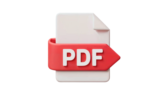Modern 3D PDF icon symbolizing digital document sharing and data transfer for professional business presentations and online content isolated on white or transparent png.
