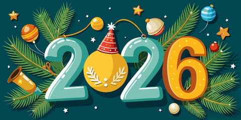 Christmas greetings card with Christmas tree , balloon's  Festive Happy Holidays and New Year 2026 Celebration Vector –.Modern Seasonal Greeting Design cartoon  in dark green background