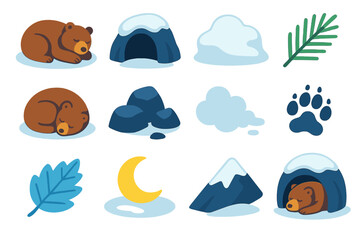 Winter Bear Icons. Winter Bear Den modern flat icon set: resting bear, cave opening, snow drift, pine branch, curled position, rocks, misty breath, paw trail, frosty leaf,