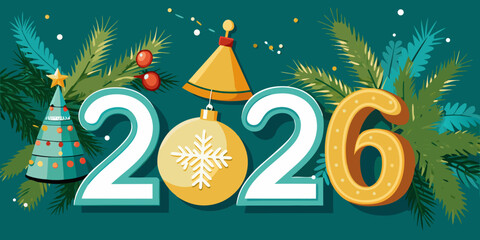 Christmas greetings card with Christmas tree , balloon's  Festive Happy Holidays and New Year 2026 Celebration Vector –.Modern Seasonal Greeting Design cartoon  in dark green background