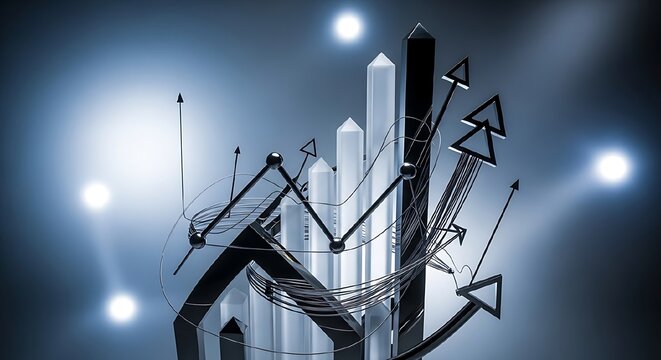 Abstract 3D rendering of growing business charts and graphs with upward arrows, symbolizing financial success and economic growth in a modern, tech-driven world - Powered by Adobe