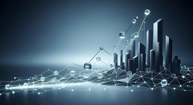 Digital network connecting abstract city skyline with growth chart representing financial data analytics and business intelligence - Powered by Adobe