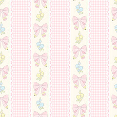 Pastel Grandmillennial Coquette Pencil Bow Seamless Pattern. Gingham, lace-inspired stripes with vintage stationery and tiny florals schoolcore backgroun.
