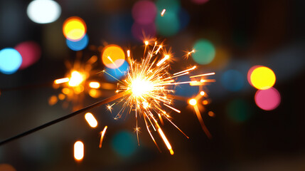 Two bright sparklers burning with glowing sparks against colorful bokeh background.  
