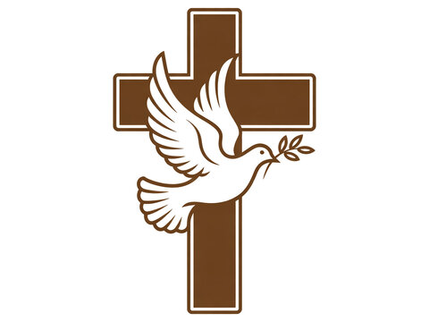 A minimalist religious logo design featuring a white dove with spread wings flying from the right side of a brown cross.