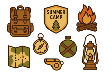 Essential icons for outdoor adventure and summer camp equipment