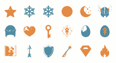 A dynamic collection of conceptual game and app icons featuring celestial, fantasy, and everyday elements in a modern, flat graphic style, perfect for diverse digital projects