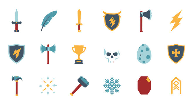 A collection of flat design fantasy role-playing game icons featuring weapons, armor, magic, and adventure symbols