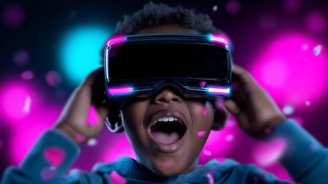 Excited boy wearing VR headset enjoying virtual reality experience under colorful neon lights.
