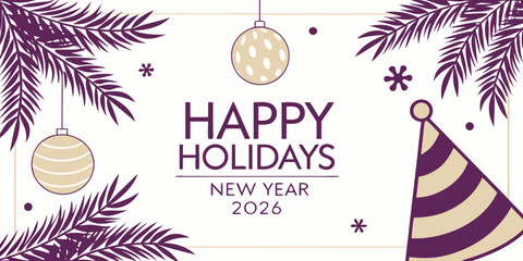 Christmas greetings card with Christmas tree , balloon's  Festive Happy Holidays and New Year 2026 Celebration Vector –.Modern Seasonal Greeting Design in purple white background