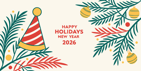 Christmas greetings card with Christmas tree , balloon's  Festive Happy Holidays and New Year 2026 Celebration Vector –.Modern Seasonal Greeting Design in white background