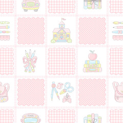 Grand millennial School Seamless Pattern. Pastel Gingham Patchwork with Vintage School Elements and Bows