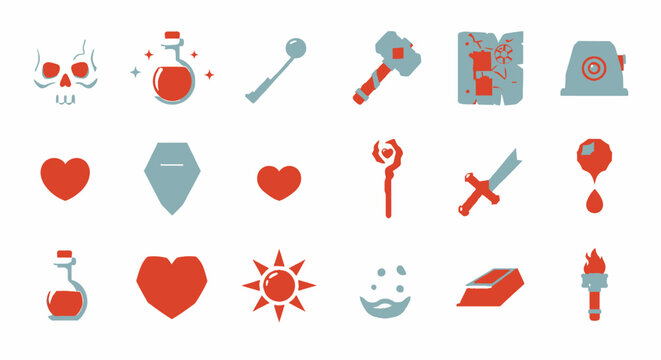 A conceptual set of flat design icons for a fantasy RPG video game interface, featuring elements like health, weapons, magic, and treasure